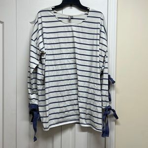 ASOS white and blue striped shirt with split sleeves and strings to tie them